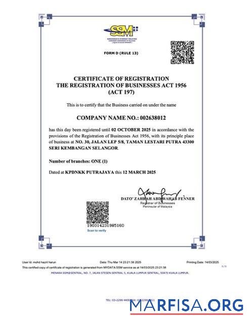 Realistic Malaysia certificate of registration Word and PDF template